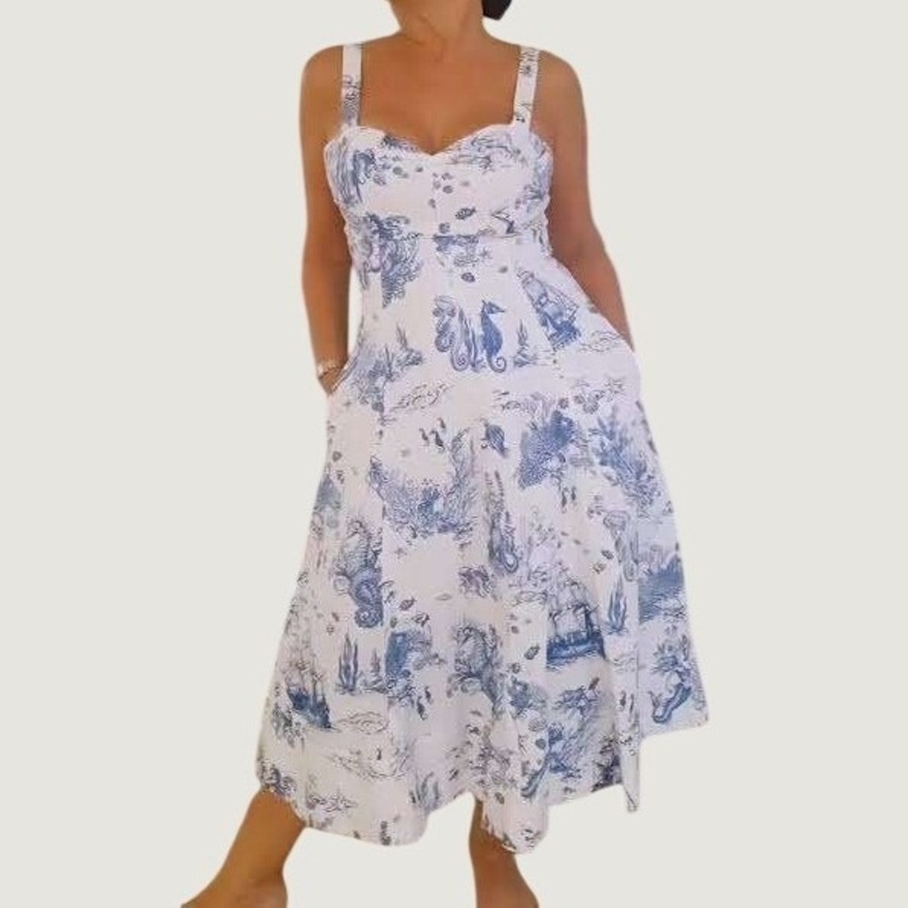 $180 Avec Les Filles Midi Dress 2 White Blue Cotton Nautical Toile Fit & Flare